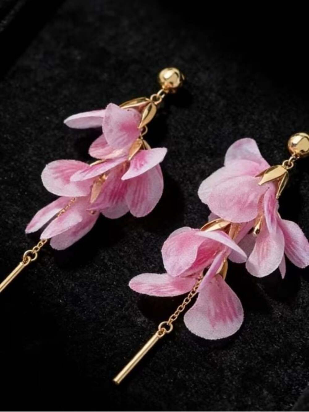 Gold-Tone Pink Petal Drop Earrings - Picture 3 of 4